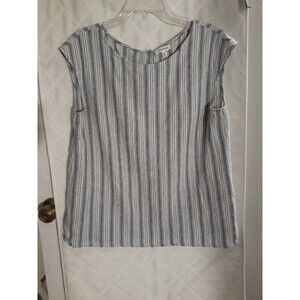 Max Studio Blue White Stripe Size L Large Linen Cotton Shirt Blouse SUMMER Top